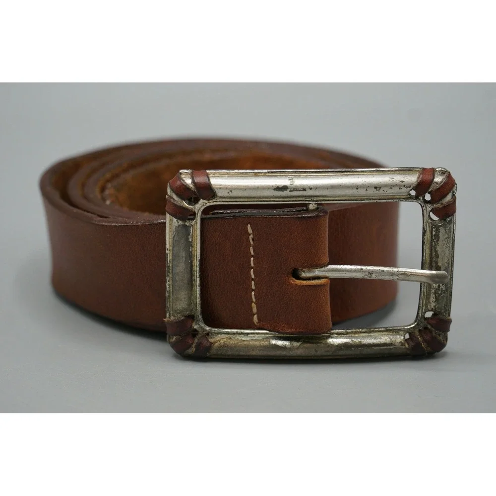 Vintage Brown Leather Belt with Whipstitch Detail Silver Buckle Distressed